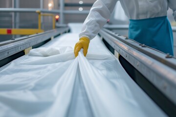 Canvas Print - person inspecting nonwoven fabric on conveyor