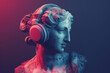 Ancient statue with modern music headphones