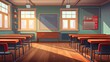 © Nazia - Spacious Classroom Interior with Empty Desks and Board - Educational Concept Vector Illustration