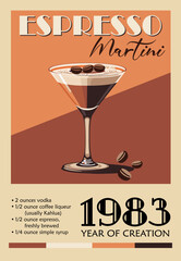 Espresso Martini Cocktail retro poster. Classic cocktail with recipe digital print. Popular alcohol drink. Vintage style vector illustration for bar, pub, restaurant, kitchen wall art, bar cart decor.