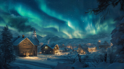 Poster - Northern lights over houses by the lake in a mountain village
