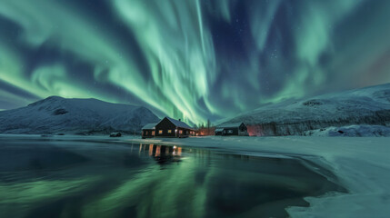 Poster - Northern lights over houses by the lake in a mountain village
