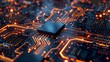 Close-up of a microprocessor on a circuit board with illuminated pathways, depicting advanced technology and computing power.