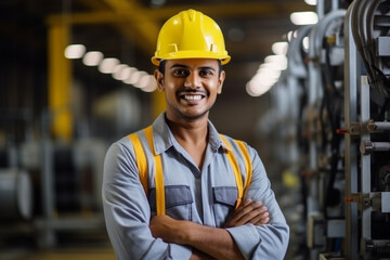 Portrait Handsome Engineer standing in factory production plant background 