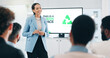 © peopleimages.com - Business people, sustainability and woman with presentation, conference or ecology with partnership, corporate training or carbon footprint. Presenter, energy or audience in a workshop or agriculture