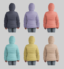 Wall Mural - Mockup of a colorful puffer jacket for a girl in a hood, back view, for design, branding. Set.