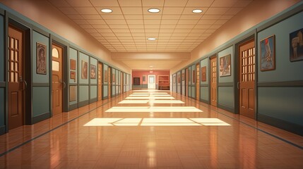 Wall Mural - Vibrant High School Hallway Bustling with Students in Natural Light, Educational Environment Concept