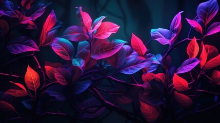 Wall Mural - Small tropical leaves in neon colors. Creative fluorescent picture of exotic leaves.The concept of nature.