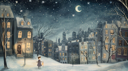 Sticker - Winter hunger at night. Cute illustration.
