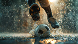 Fototapeta Sport - Foot in a soccer boot hits a soccer ball.