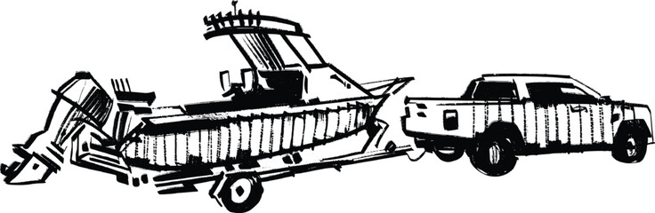 Wall Mural - Vector sketch of the truck with fishing boat