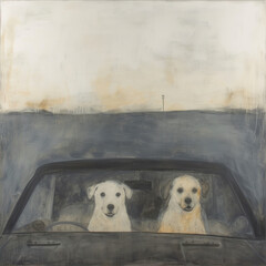 Wall Mural - Two dogs are driving a car. Illustration in oil painting style.
