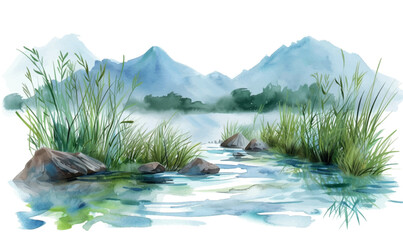 watercolor landscape with lake