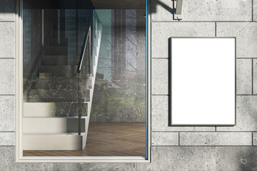 Wall Mural - Modern daylit glass storefront in concrete building with empty white mock up banner . 3D Rendering.