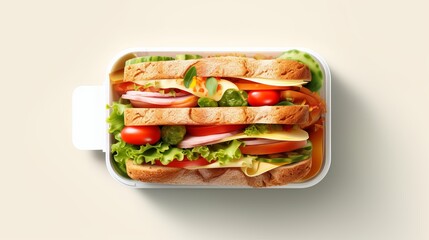 Lunch Box Delight: Fresh Sandwich and Vibrant Vegetables, Top-View Angle on Isolated Background