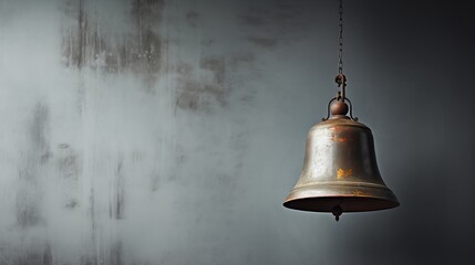 Wall Mural - Vintage Metal School Bell Hanging Against Weathered Grey Wall Background, Educational Concept
