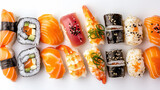 Fototapeta Do akwarium - japanese sushi food. Maki ands rolls with tuna, salmon, shrimp, crab and avocado. Top view of assorted sushi. Rainbow sushi roll and nigiri. Set of sushi and maki with soy sauce white  background 