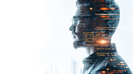 tech enthusiast merging with the digital age of information, double exposition, programmer and code.