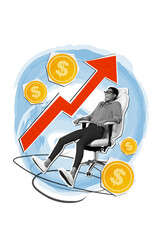 Poster - Collage banner career growth collage office manager girl sit chair rising salary graphic up much money isolated on blue drawn background