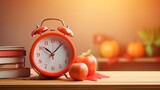 Fototapeta Tematy - Vibrant Back to School Concept: 3D Render of Orange Alarm Clock, Red Apple, and School Supplies