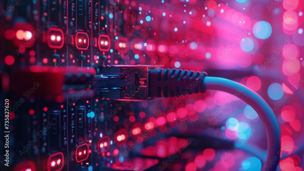 Lan cable of network connection plug in data center room Stock Photo ...