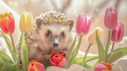 Wall Mural - hedgehog and red tulips
