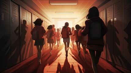 Wall Mural - Rear View of Energetic Students Hurrying Through School Corridor, Education Concept
