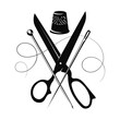 Scissors, thimble and needle and thread. Design for cutting and sewing