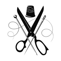 Wall Mural - Scissors, thimble and needle and thread. Design for cutting and sewing