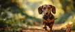 A cute dachshund dog running on a path in the shadow of the green forest. The dog has a heart-shaped pendant around its neck. Daytime outdoor shot in the woods.