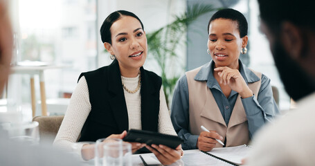 Leinwandbilder - Business people, meeting or women with a tablet, teamwork or budget planning with brainstorming and productivity. Staff, manager or employee with cooperation, talking or collaboration with investment