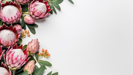 Wall Mural - composition of a bouquet of protea flowers, top view with copy space on a white background