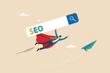 Wall Mural - SEO search engine optimization to boost website ranking on search result page, marketing strategy to drive more traffic to website concept, businessman superhero flying high with SEO search box.