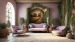 a Tuscan country home, he mural's calm expression is framed by climbing ivy and terracotta pots filled with lavender, matched with cozy linen-upholstered armchairs and reclaimed wood side tables.
