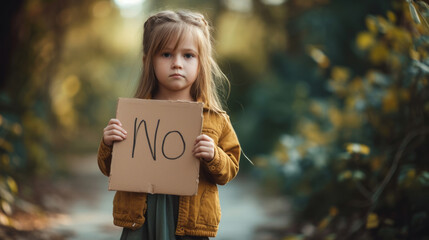 Wall Mural - Young kid girl holding a sign with written text No