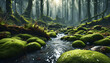 Nahaufnahme Regen im dichten grünen Wald voller Moos mit einem Bach oder Fluß klaren Wassers in herbstlicher Morgenstunde mit leichtem Nebel als klare herbstliche Vorlage oder Hintergrund Niederschlag
