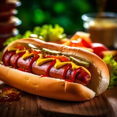 Wall Mural - A delicious hot dog with ketchup and mustard.