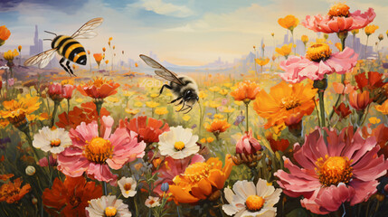 A painting of two bees on a flowery field with flowers.