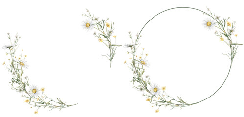 Wall Mural - Wreath of yellow and white flower meadow, forest flowers.Watercolor hand painting illustration on isolate. Circlet of flowers with daisy or chamomile. Botanical summer wildflower