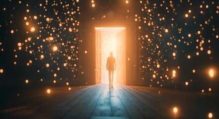 Wall Mural - silhouette of a person in a doorway with stars. the concept of dreams and the unknown.