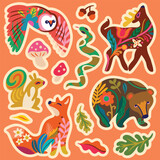 Fototapeta  - Sticker set, Forest animals in folk style