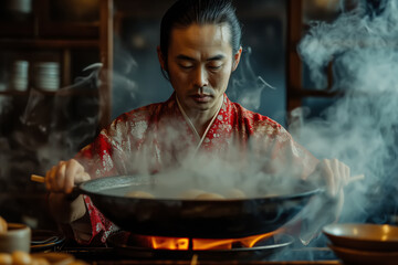 Wall Mural - A man is skillfully preparing Asian cuisine in a wok on a stove