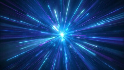 Wall Mural - A bright neon hyperspeed jump to another universe with speeding light trails. Streams of blue light rays, flight through hyperspeed space tunnel.