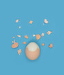 Peeled egg with shell on blue background, abstraction, isolated. 