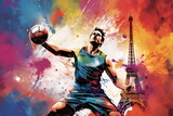 Painting graphic with splashing colors of a handball man. Eiffel Tower on background! Olympic games concept.