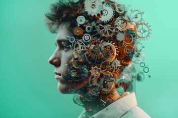 Wall Mural - The man's head are covered with gears, the concept of neurodiversity and mental problems