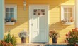 Beautifully decorated yellow walls and front porch or entryway of a house on sunny day and with blank white door for real estate sale