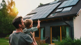 Fototapeta Zwierzęta - Father carrying son outdoors and pointing on solar panel on the roof