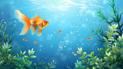 Wall Mural - Vibrant goldfish swimming in a lush underwater garden. serene aquatic life illustration. ideal for calming backgrounds and nature themes. AI