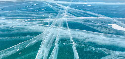 Wall Mural - Beautiful clear ice with cracks on the Lake Baikal -  Clean, cool ice and cleanest lake in the world - Siberia, Russia